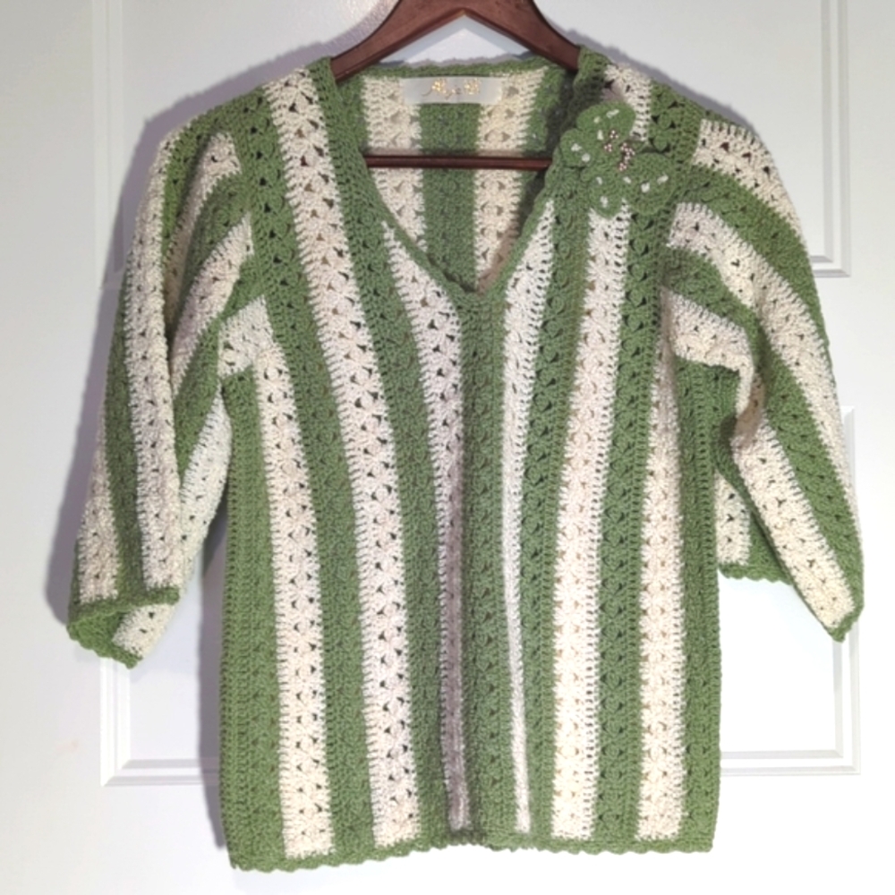 Vintage Green & White Striped V-Neck Sweater